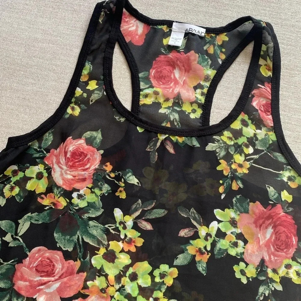 Abound Sheer Floral Roses Sleeveless Racer back Black Pink Blouse Size M - Picture 4 of 13